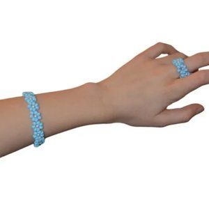 Handmade Sky Blue Seed Beaded Flowers Set of Bracelet & Ring